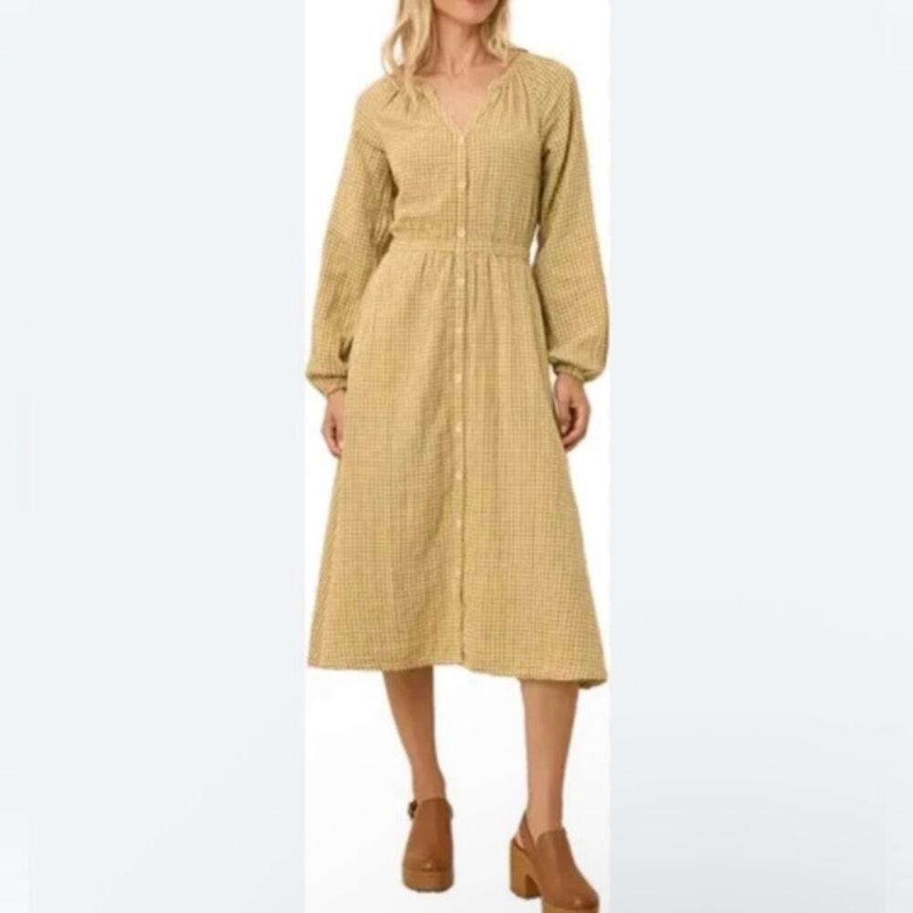 Pact Sz XS Organic Cotton Coastal Double Gauze Poet Sleeve Dress Gold Gingham